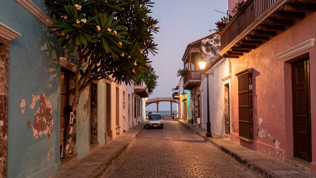 Cartagena Colombia Street Scene Copper Light Frangipani and Coastal Bridge in in Cartagena, Colombia