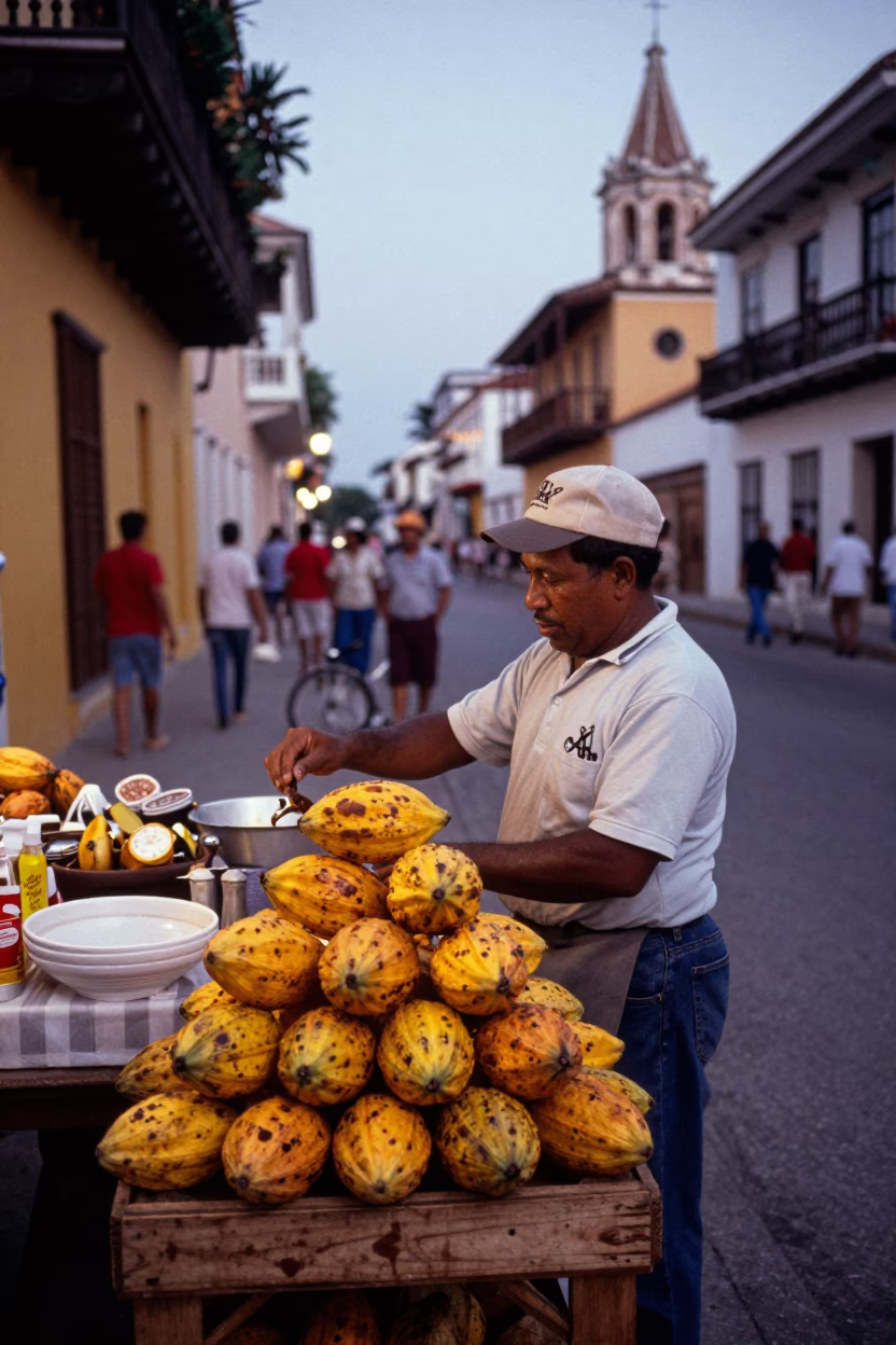 Cartagena Colombia Street Scene Early Evening Market Vendor with Cocoa Beans in in Cartagena, Colombia