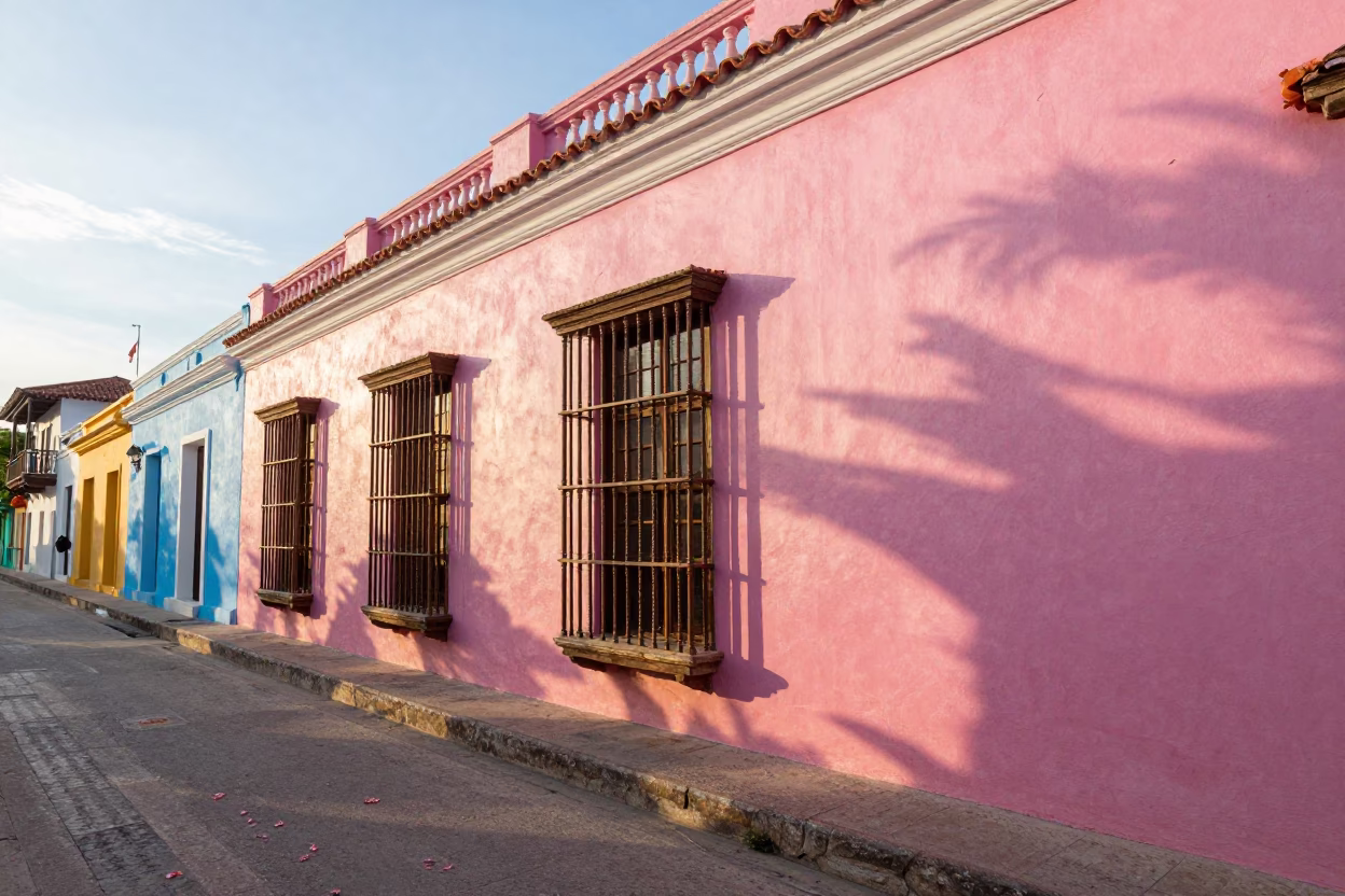 Cartagena Colombia Street Scene First Light Plumeria Petals and Colorful Colonial Architecture in in Cartagena, Colombia