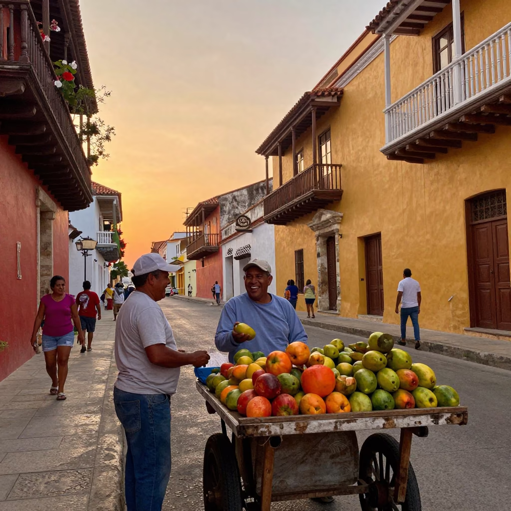 Cartagena Colombia Street Scene Honeyed Evening Light Local Interaction in in Cartagena, Colombia