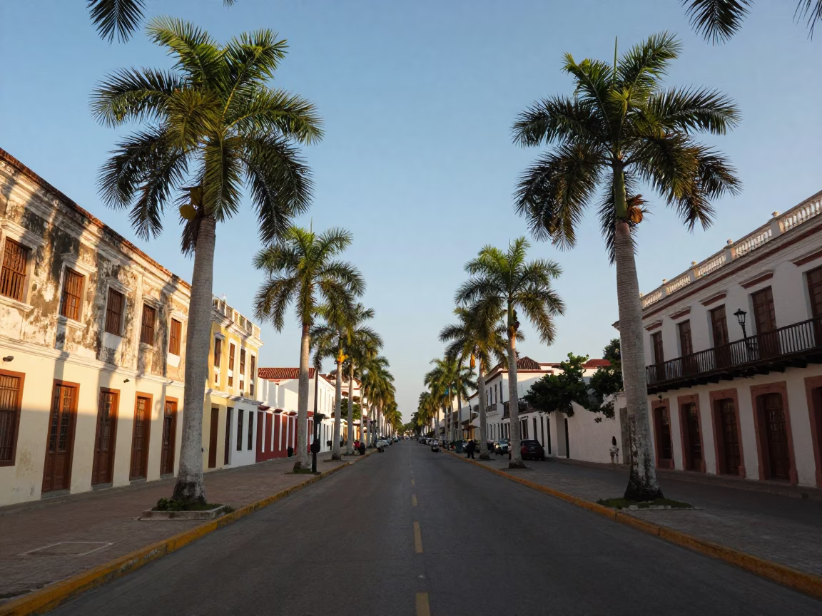 Cartagena Colombia Street Scene Late Afternoon Light Palm Trees and Local Life in in Cartagena, Colombia