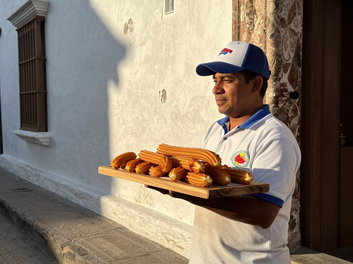 Cartagena Colombia Street Scene Late Afternoon Light with Churros and Wicker Shadows in in Cartagena, Colombia