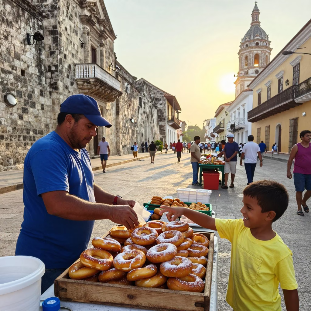Cartagena Colombia Street Scene Morning Light and Local Market Activity in in Cartagena, Colombia