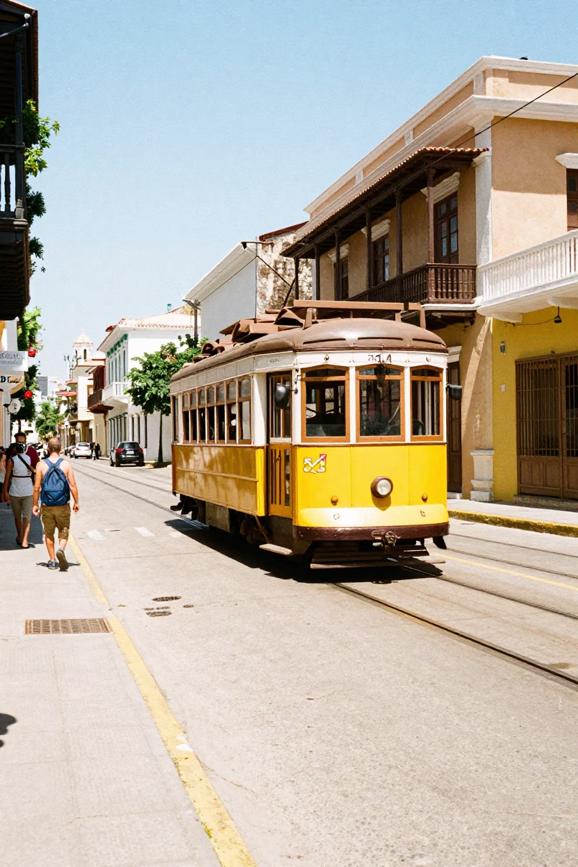 Cartagena Colombia Street Scene Under Noon Sun With Yellow Tram And Pedestrians in in Cartagena, Colombia