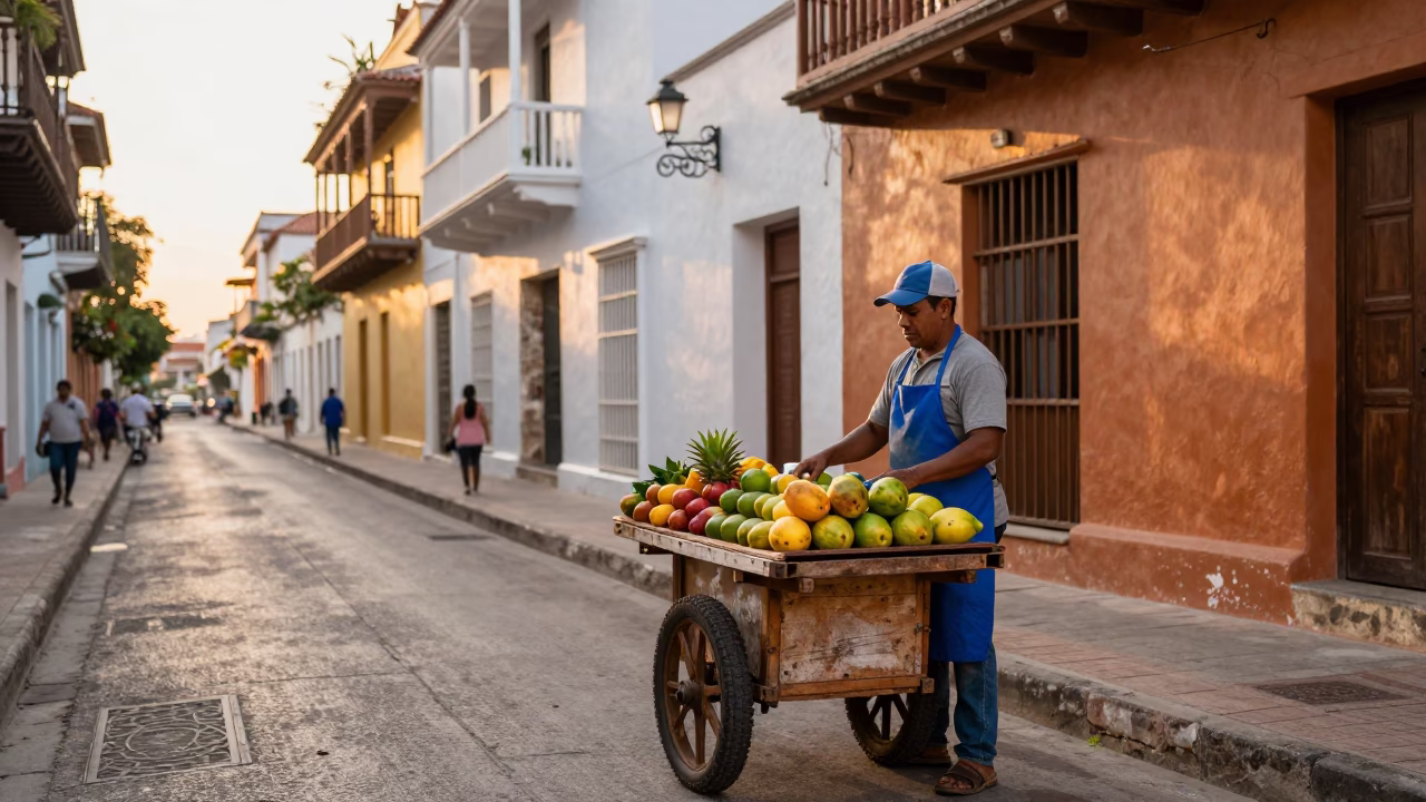 Cartagena Colombia street scene with aprons and morning light after sunrise in in Cartagena, Colombia