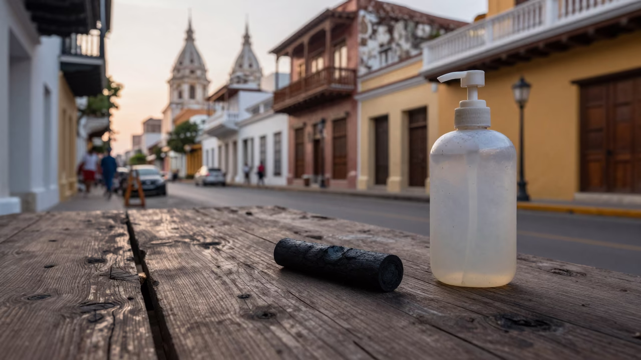 Cartagena Colombia Street Scene with Charcoal Stick and Soap Bottle on Balcony in in Cartagena, Colombia