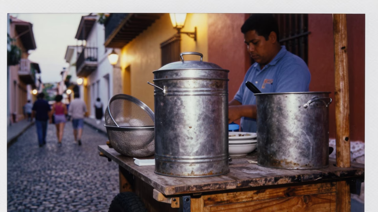 Cartagena Colombia street scene with coffee tin and mesh colander at dusk in in Cartagena, Colombia