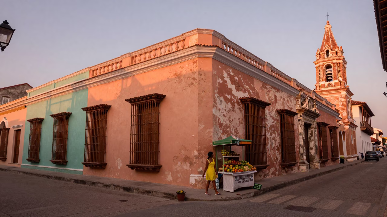 Cartagena Colombia Street Scene with Colorful Colonial Architecture and Local Life Before Dusk in in Cartagena, Colombia