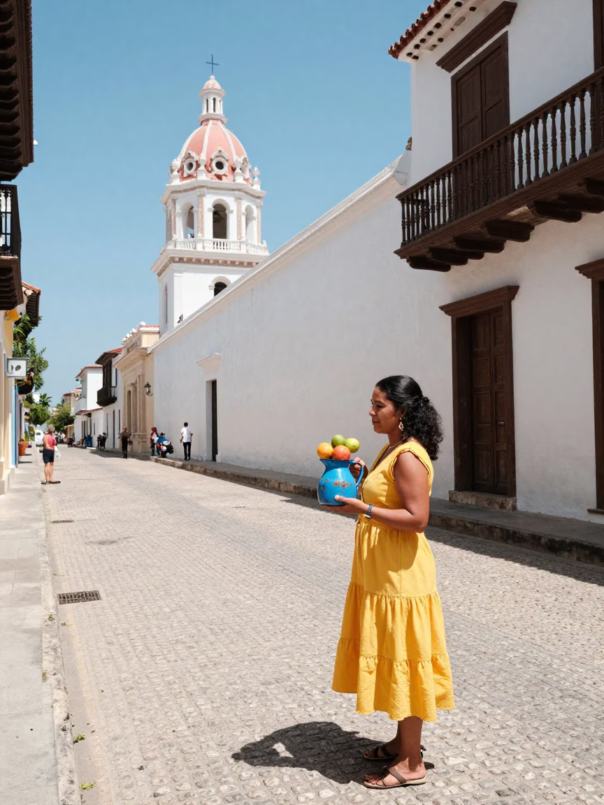Cartagena Colombia Street Scene with Enamel Pitcher and Local Interaction in in Cartagena, Colombia