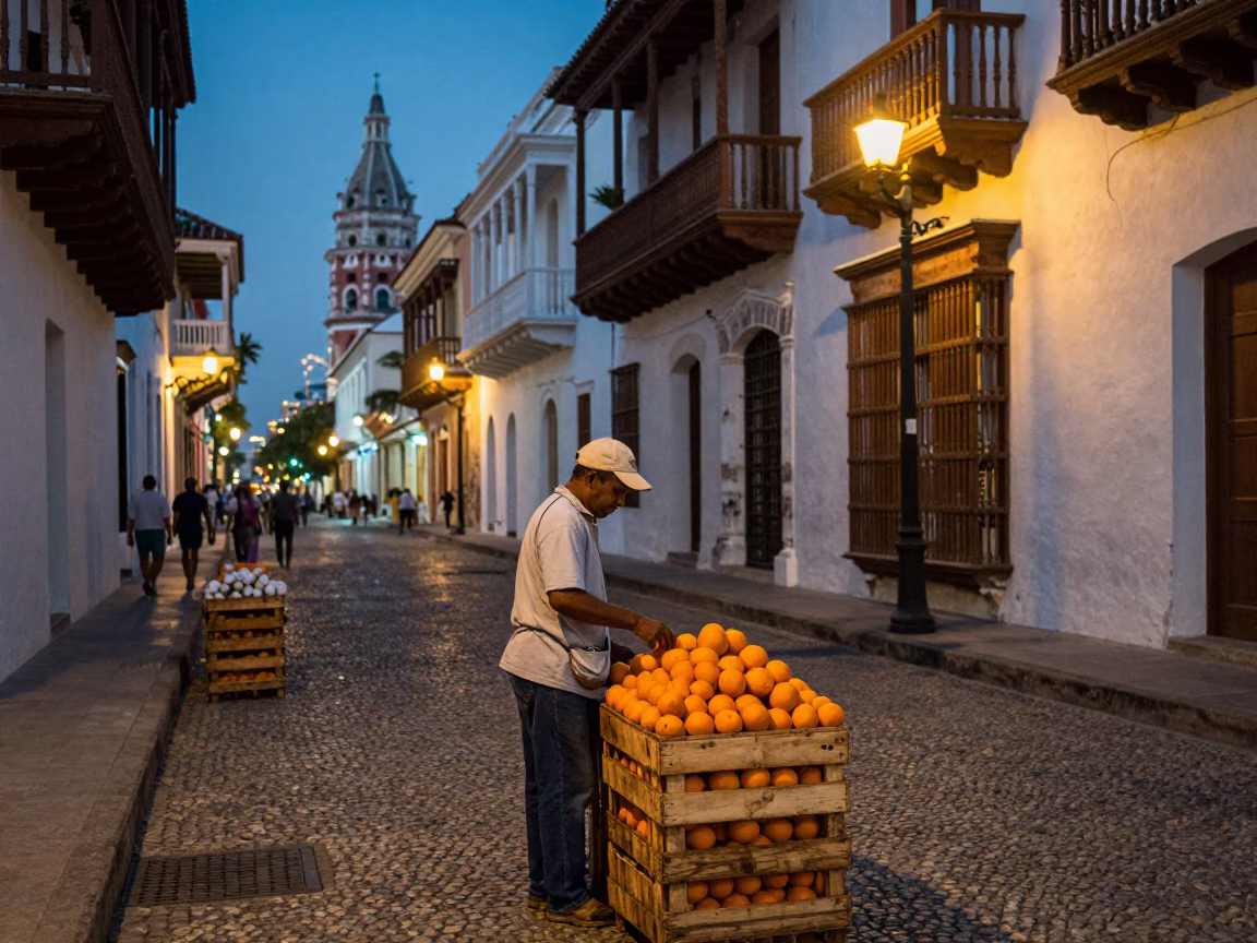 Cartagena Colombia street scene with oranges and city lights beginning to glow in in Cartagena, Colombia