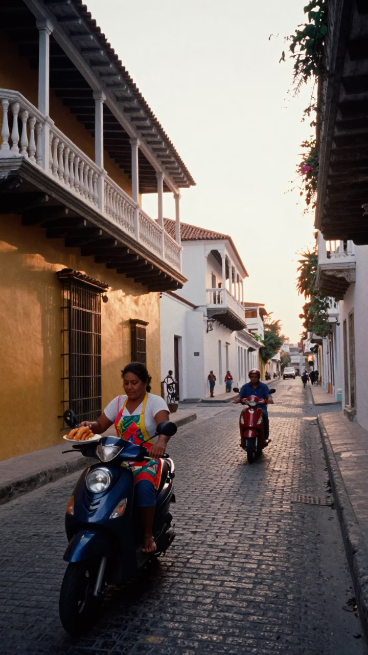 Cartagena Colombia Street Scene with Scooter and Churros After Sunrise in in Cartagena, Colombia