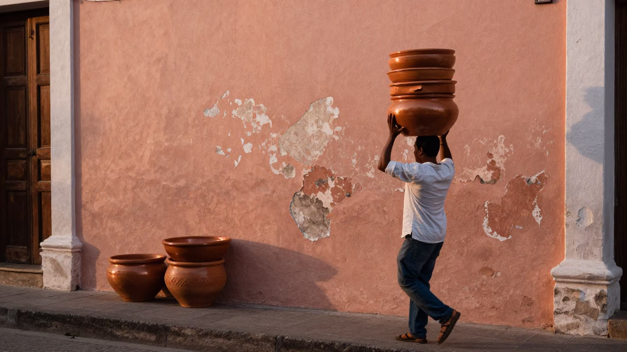Cartagena Colombia Street Scene with Terracotta Bowls and Copper Dusk Light in in Cartagena, Colombia
