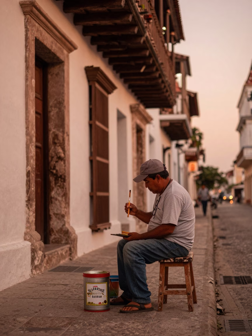 Cartagena Colombia Street Scene with Tiffin Tin and Paintbrush in Copper Dusk Light in in Cartagena, Colombia