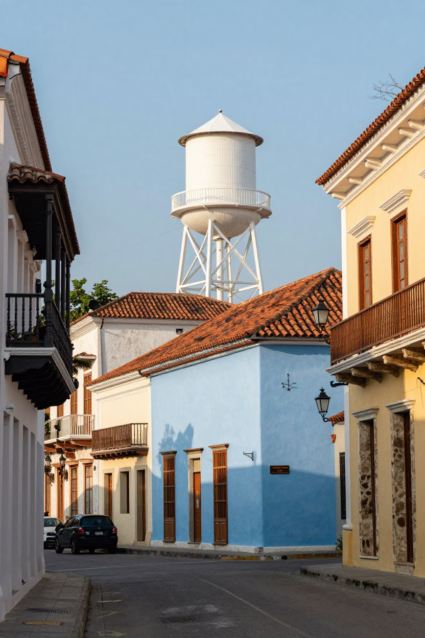 Cartagena Colombia street scene with water tower and colorful colonial architecture in in Cartagena, Colombia