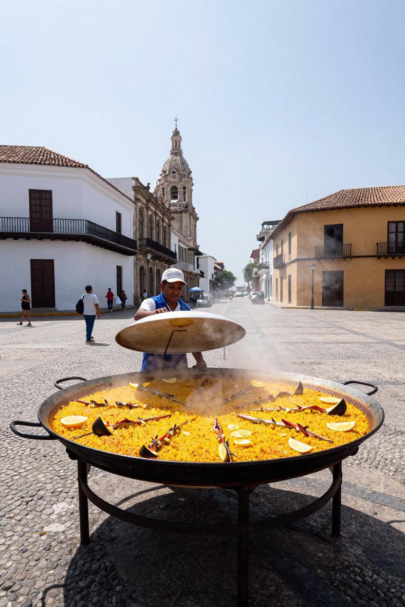 Cartagena Colombia street vendor selling paella in giant pan bright midmorning light in in Cartagena, Colombia