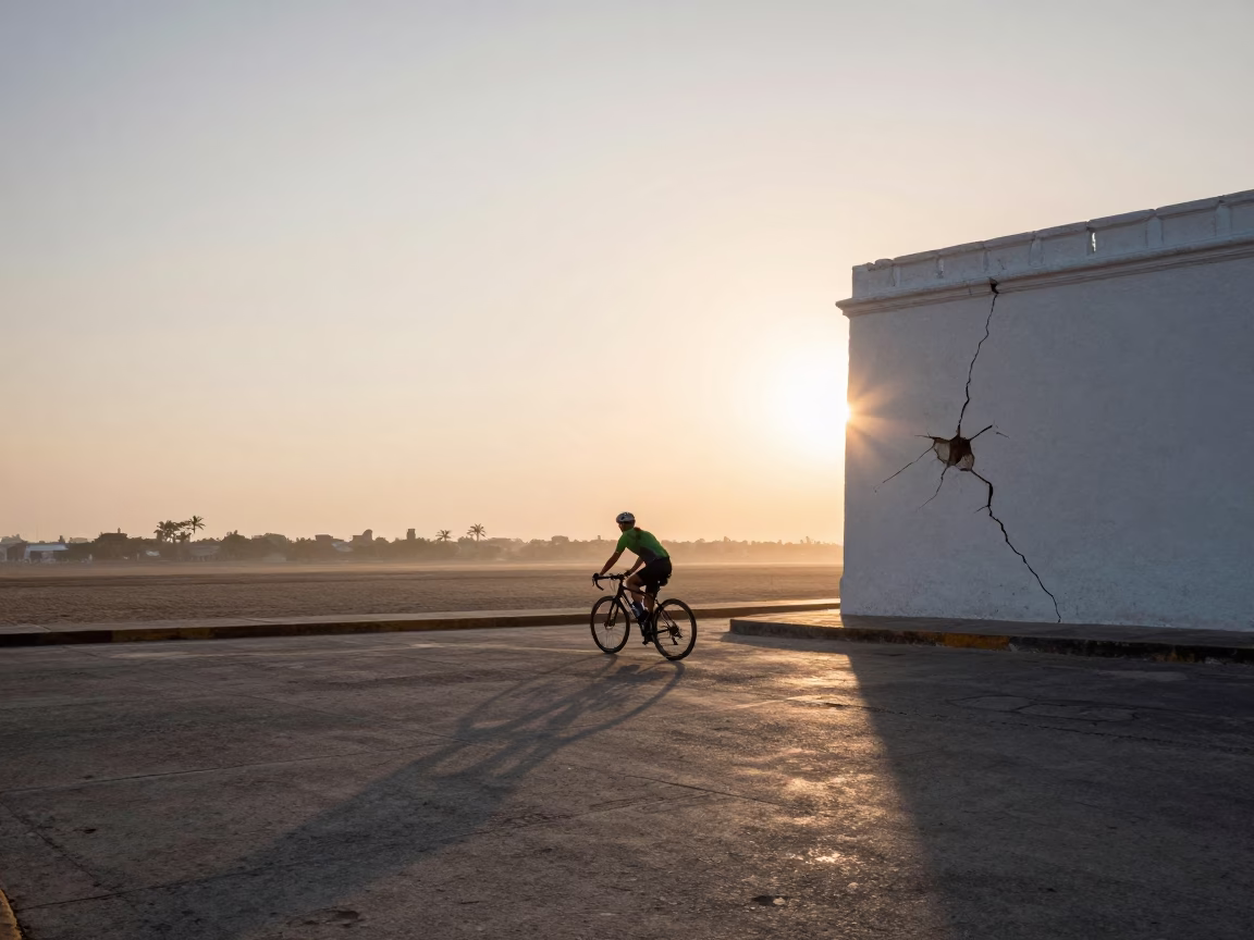Cartagena Colombia Sunrise Cyclist Cracked Stucco Wall Horizon Shot in in Cartagena, Colombia