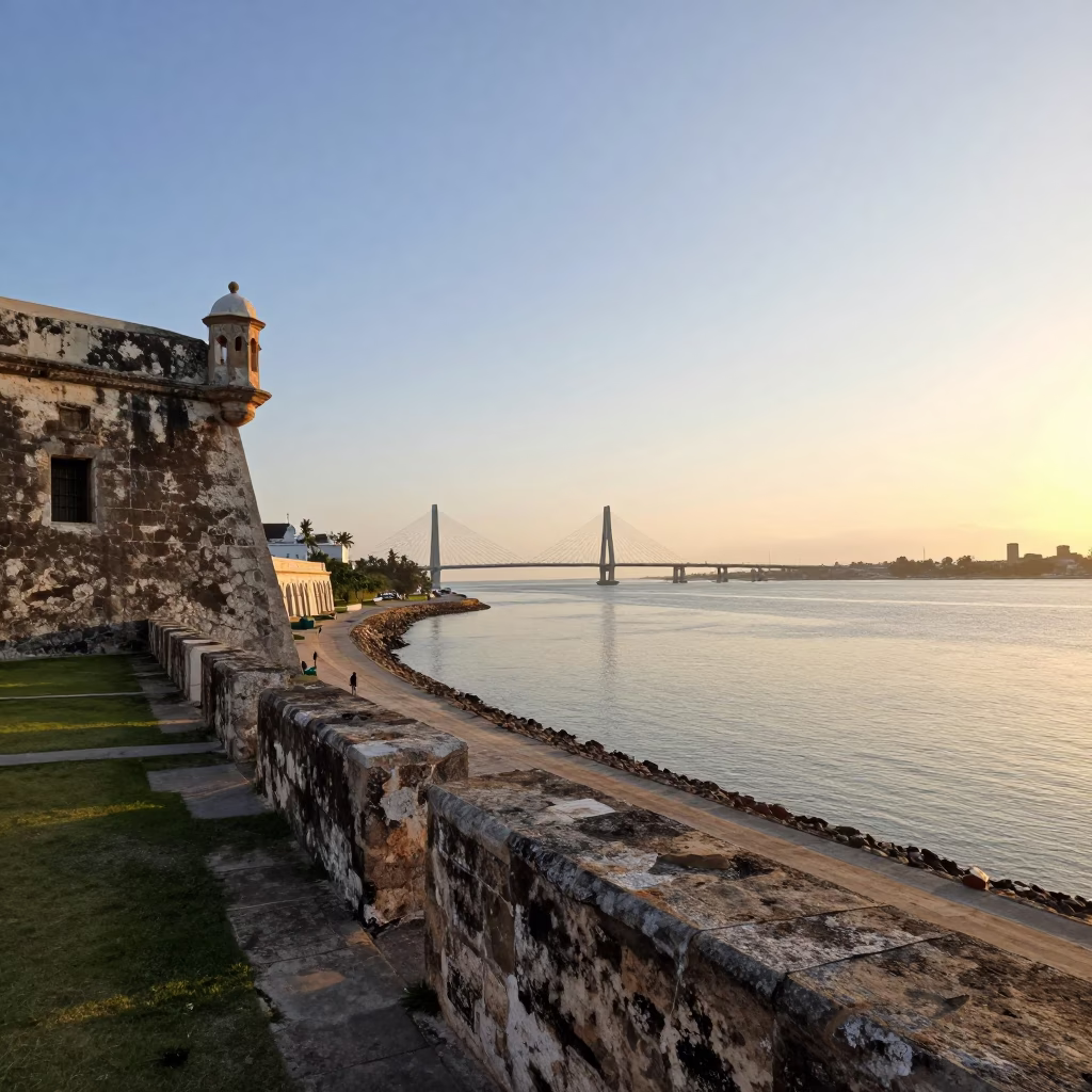 Cartagena Colombia Sunrise Harbor View with Historic Fortifications and Morning Light in in Cartagena, Colombia