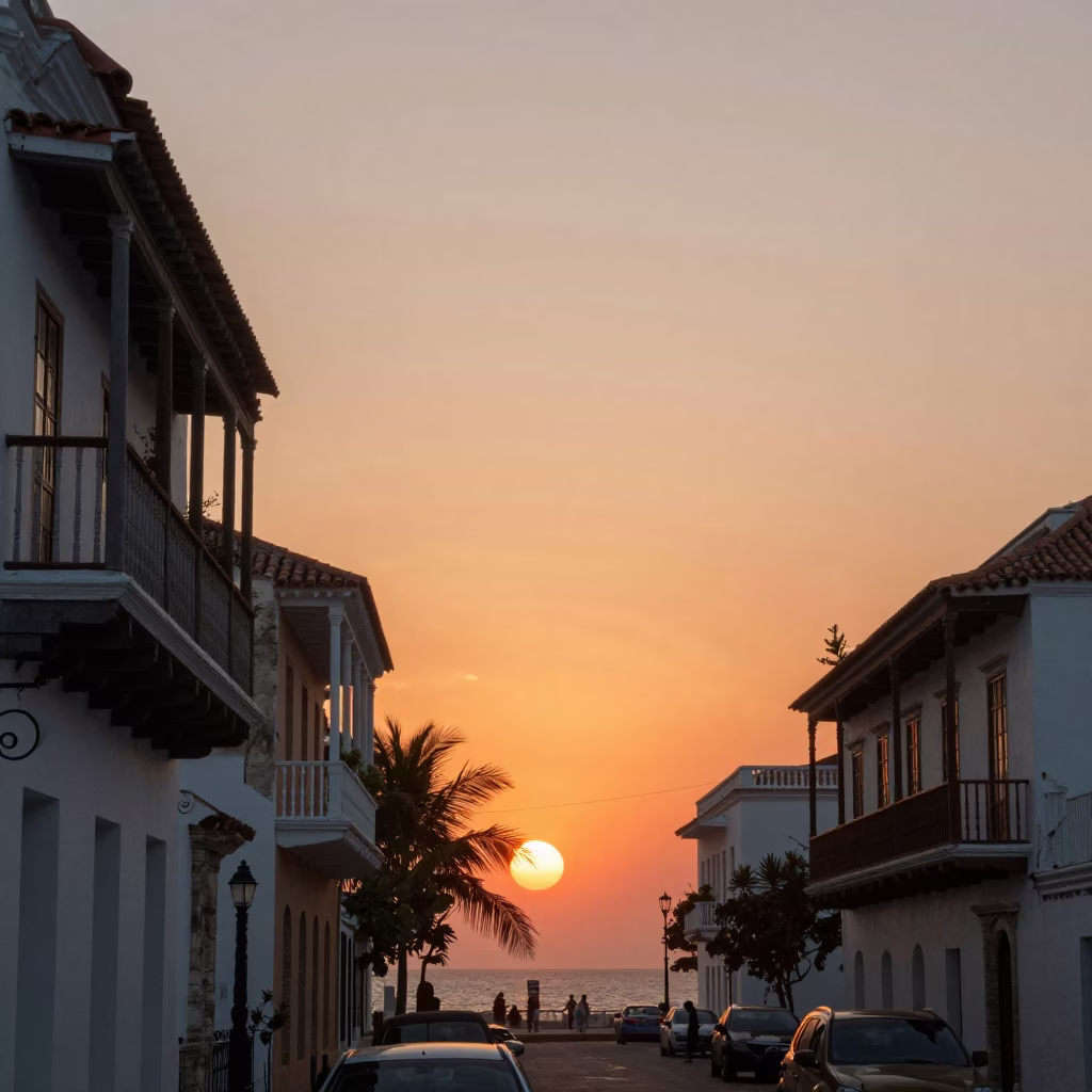 Cartagena Colombia Sunset Palm Avenue with Colonial Balconies and Coastal Light in in Cartagena, Colombia