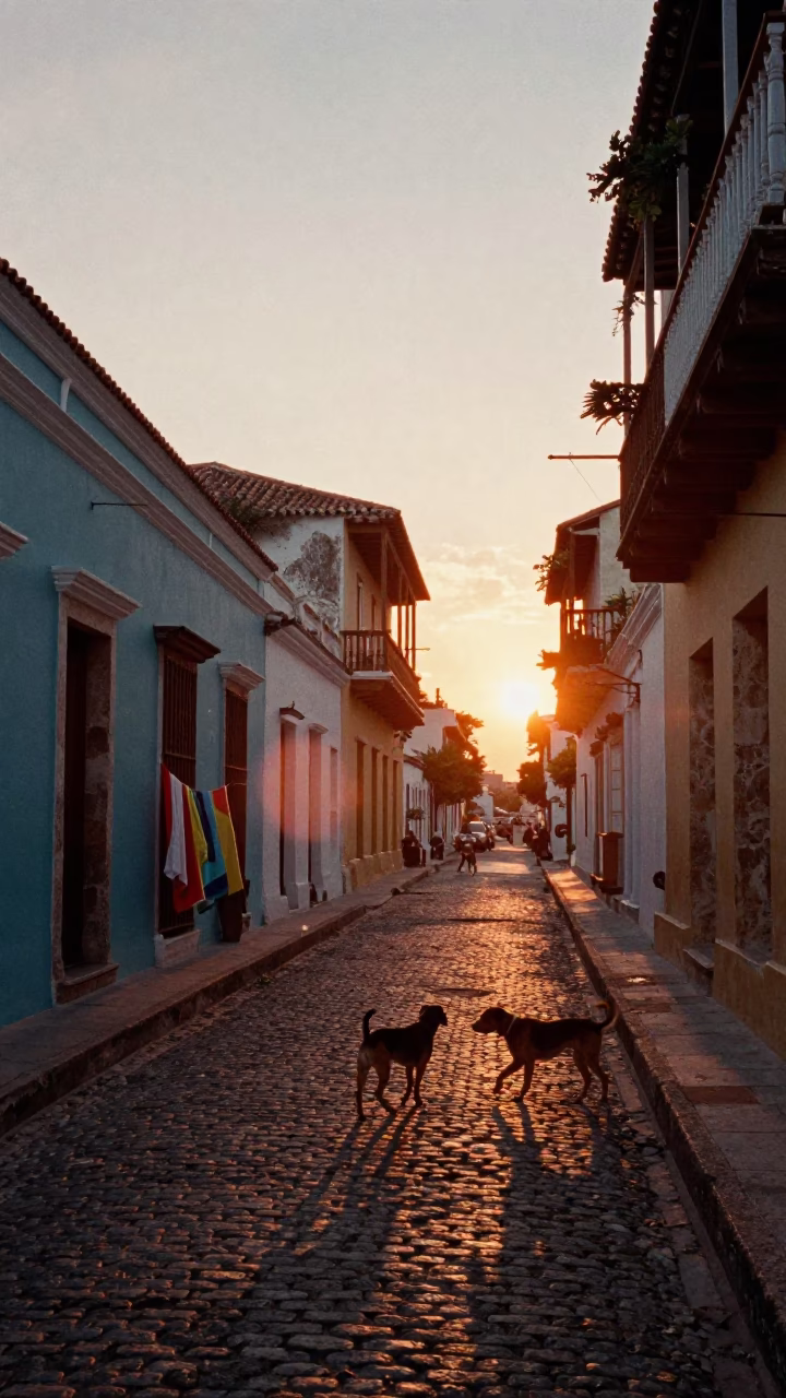 Cartagena Colombia Sunset Street Scene with Dog and Drying Towels in in Cartagena, Colombia