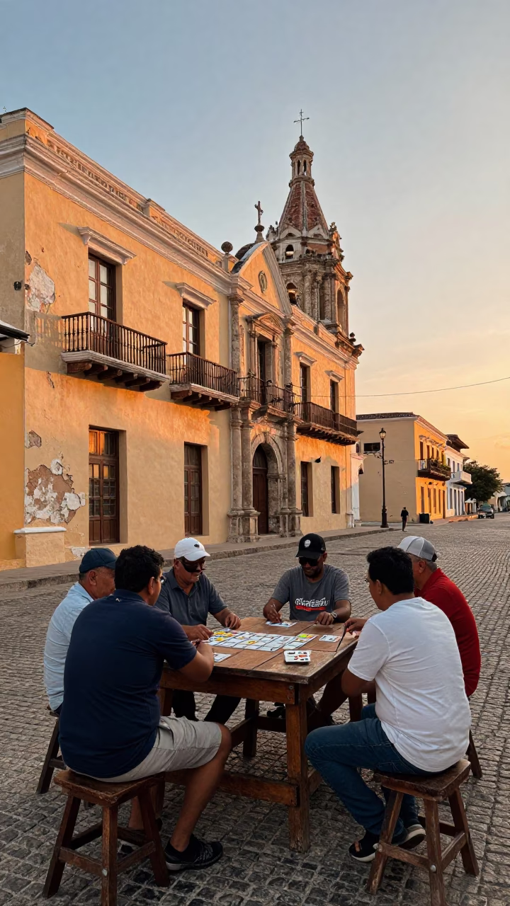 Cartagena Colombia Sunset Street Scene with Domino Game and Colonial Architecture in in Cartagena, Colombia