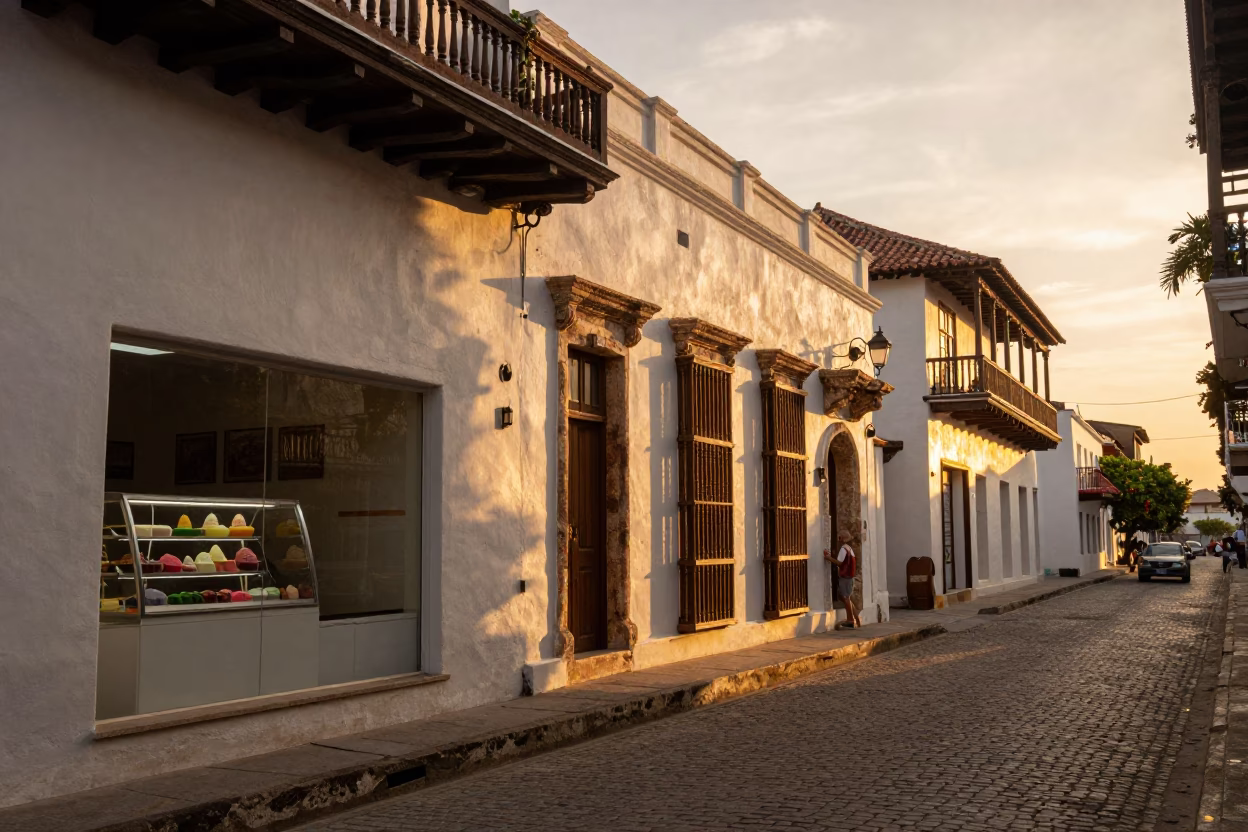 Cartagena Colombia Sunset Street Scene with Gelato Display and Local Pedestrians in in Cartagena, Colombia