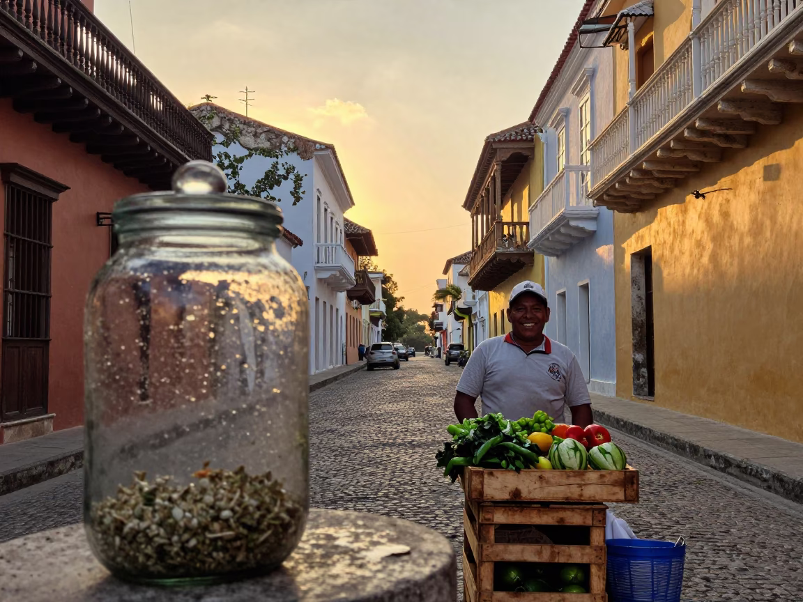 Cartagena Colombia Sunset Street Scene with Glass Jar and Local Market Activity in in Cartagena, Colombia