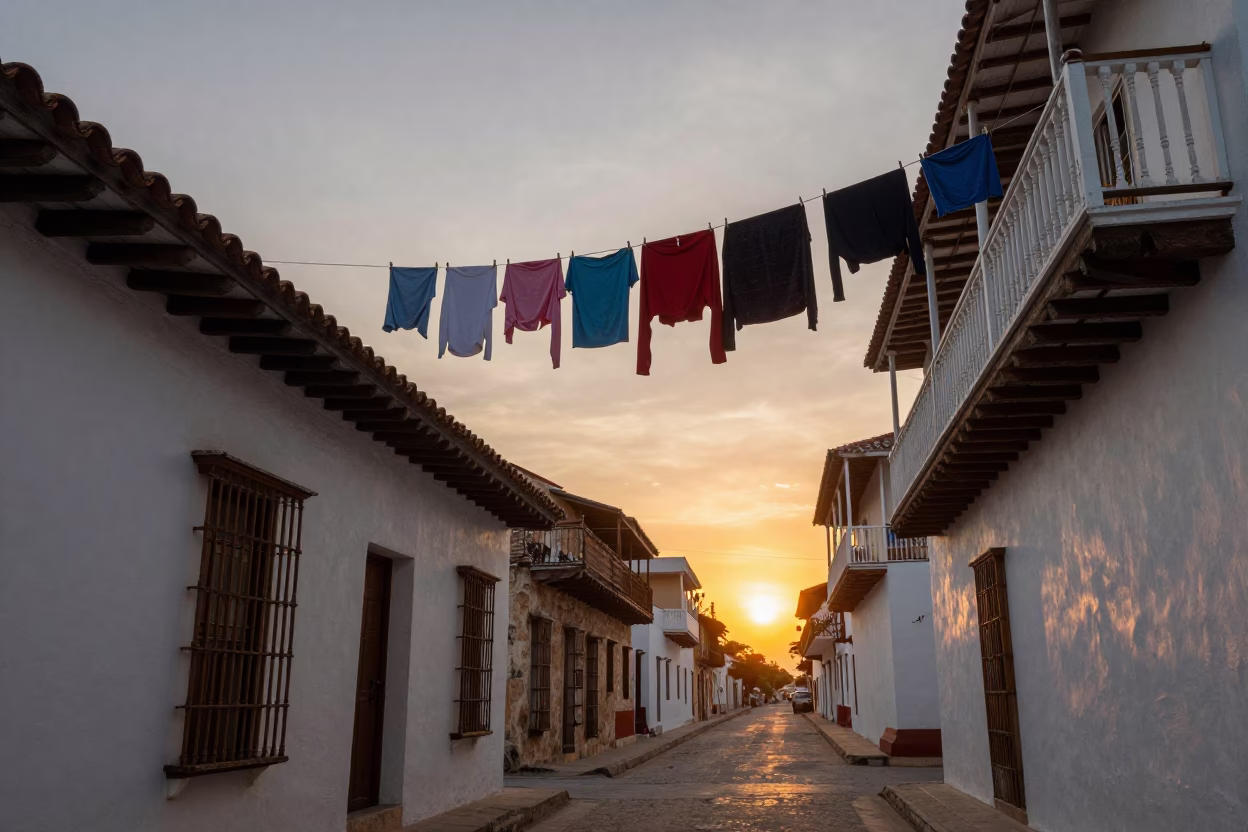 Cartagena Colombia Sunset Street Scene with Laundry Lines and Colonial Architecture in in Cartagena, Colombia