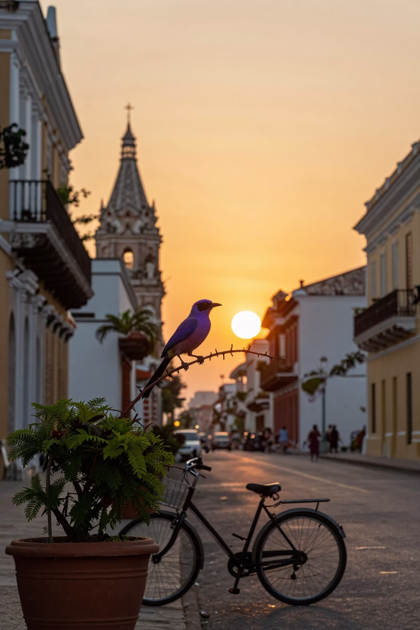 Cartagena Colombia Sunset Street Scene with Lilac-Breasted Roller and Bicycle Basket in in Cartagena, Colombia