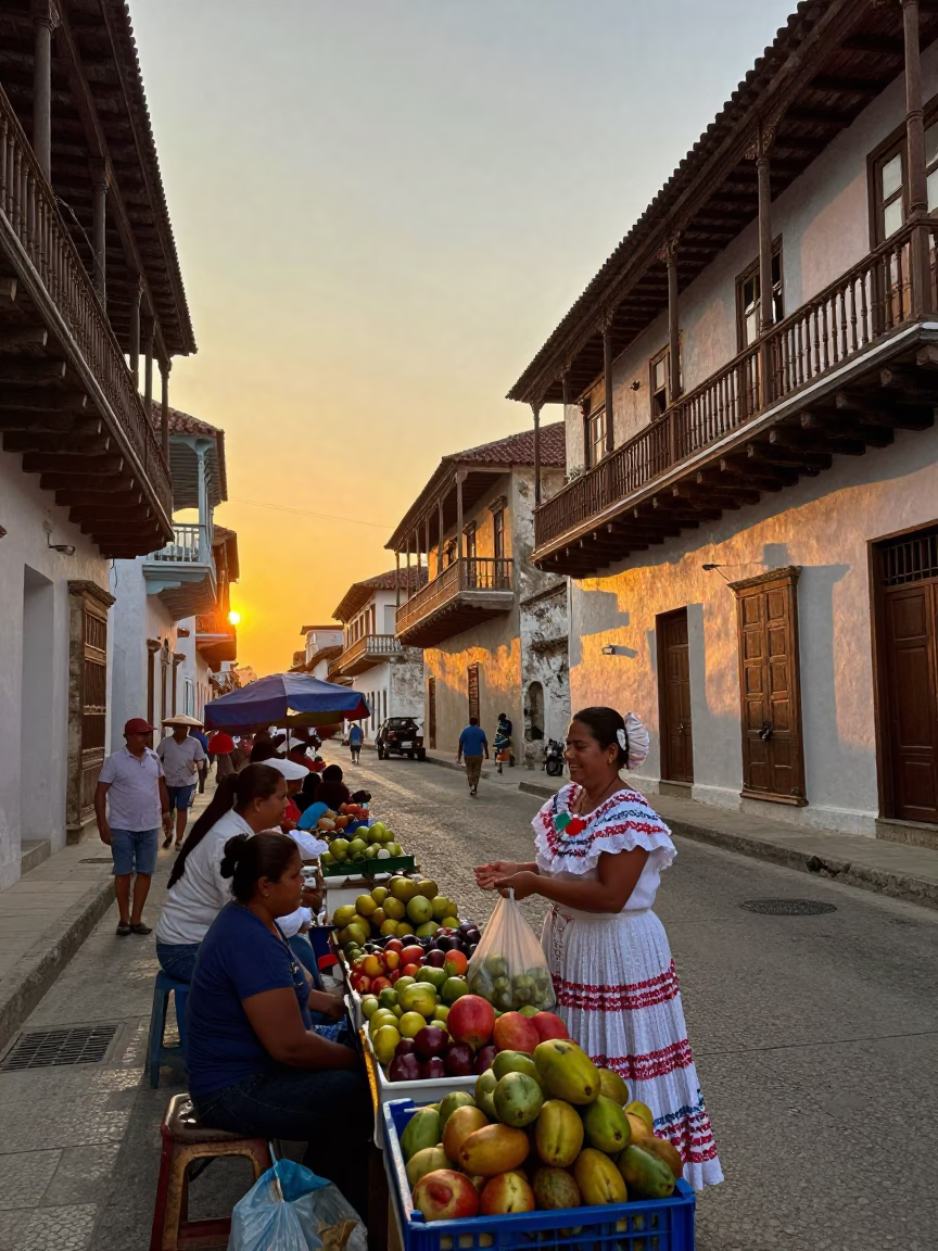 Cartagena Colombia Sunset Street Scene with Local Market Activity and Historic Architecture in in Cartagena, Colombia