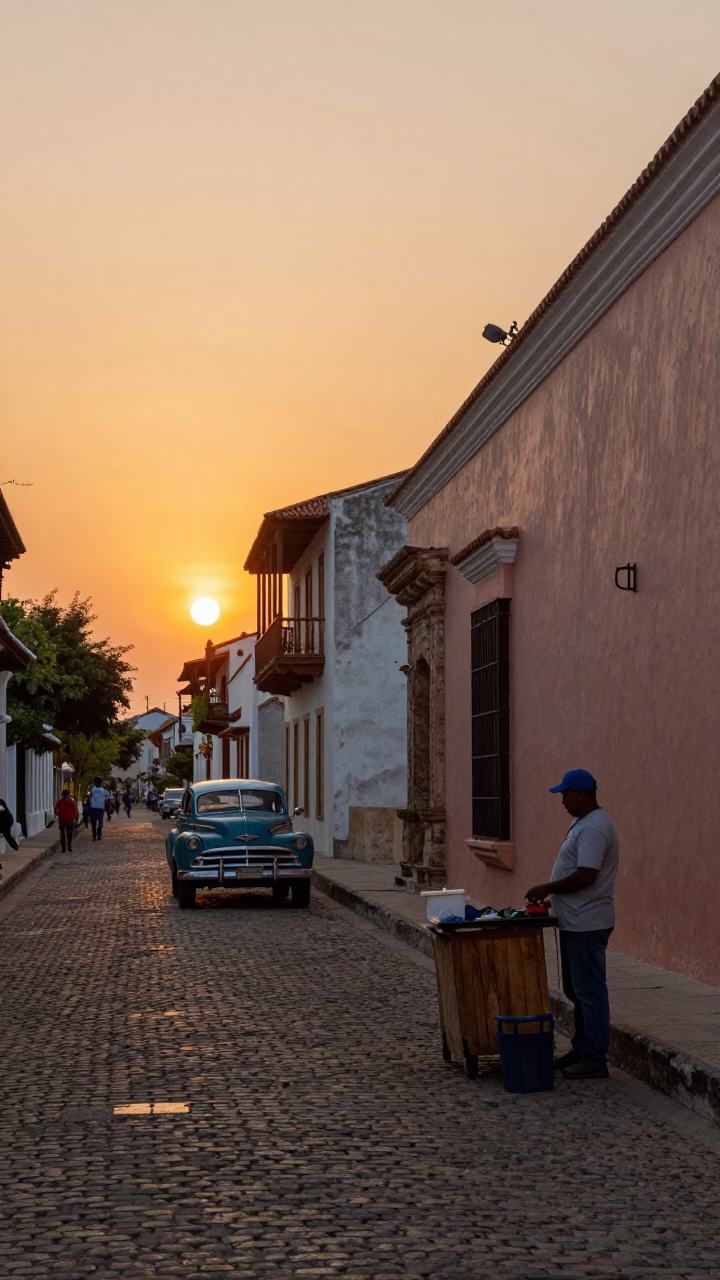 Cartagena Colombia Sunset Street Scene with Local Vendor and Vintage Charm in in Cartagena, Colombia