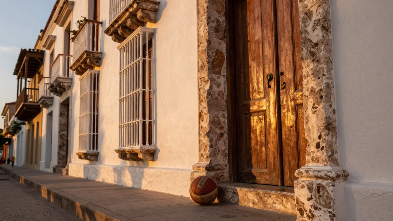 Cartagena Colombia Sunset Street Scene with Old Leather Basketball and Door Latch in in Cartagena, Colombia