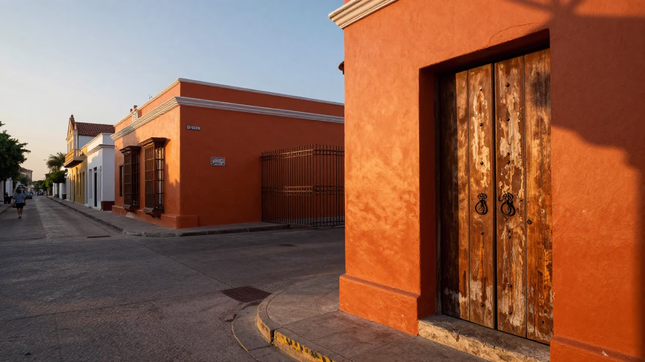 Cartagena Colombia Sunset Street Scene with Orange Peel and Gate Handle in in Cartagena, Colombia
