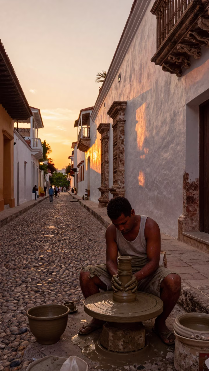 Cartagena Colombia Sunset Street Scene with Potter and Paint Flecks in in Cartagena, Colombia
