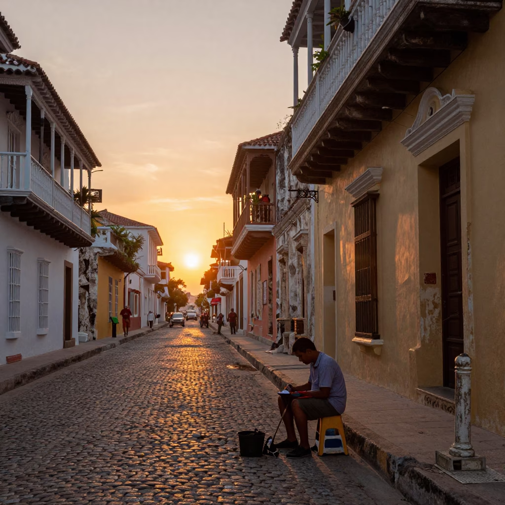 Cartagena Colombia Sunset Street Scene with Shoe Shiner and Historic Colonial Architecture in in Cartagena, Colombia