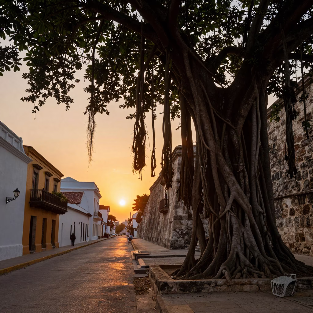 Cartagena Colombia Sunset Street Scene with Strangler Fig and Local Life in in Cartagena, Colombia