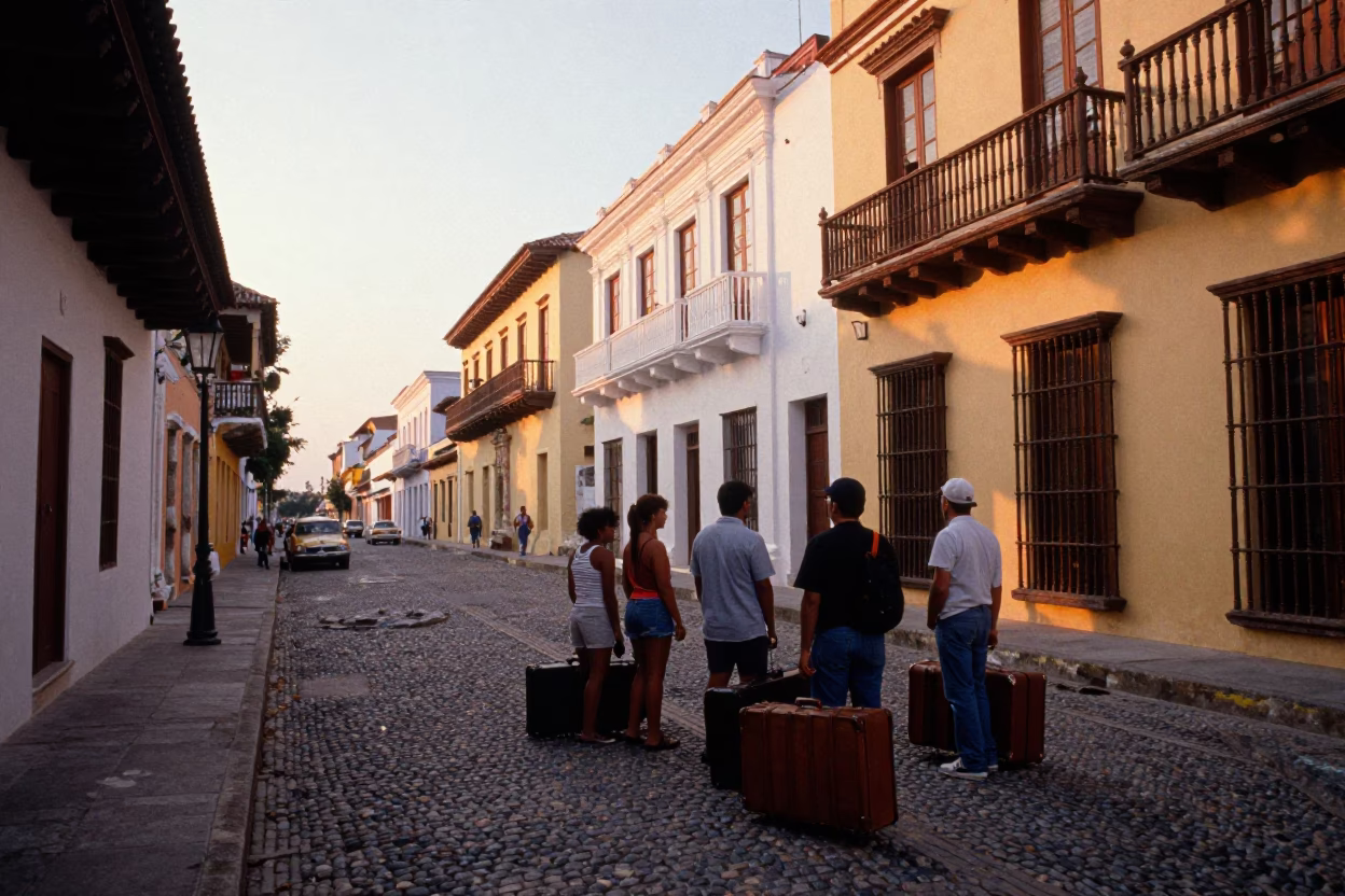 Cartagena Colombia Sunset Street Scene with Travelers and Vintage Luggage Near Colonial Architecture in in Cartagena, Colombia