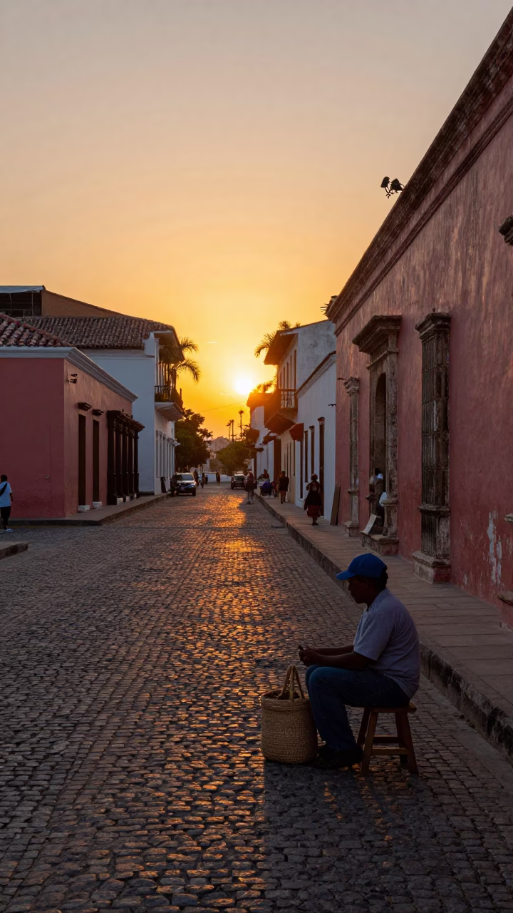 Cartagena Colombia Sunset Street Scene with Twine Bucket and Woven Bread Basket in in Cartagena, Colombia