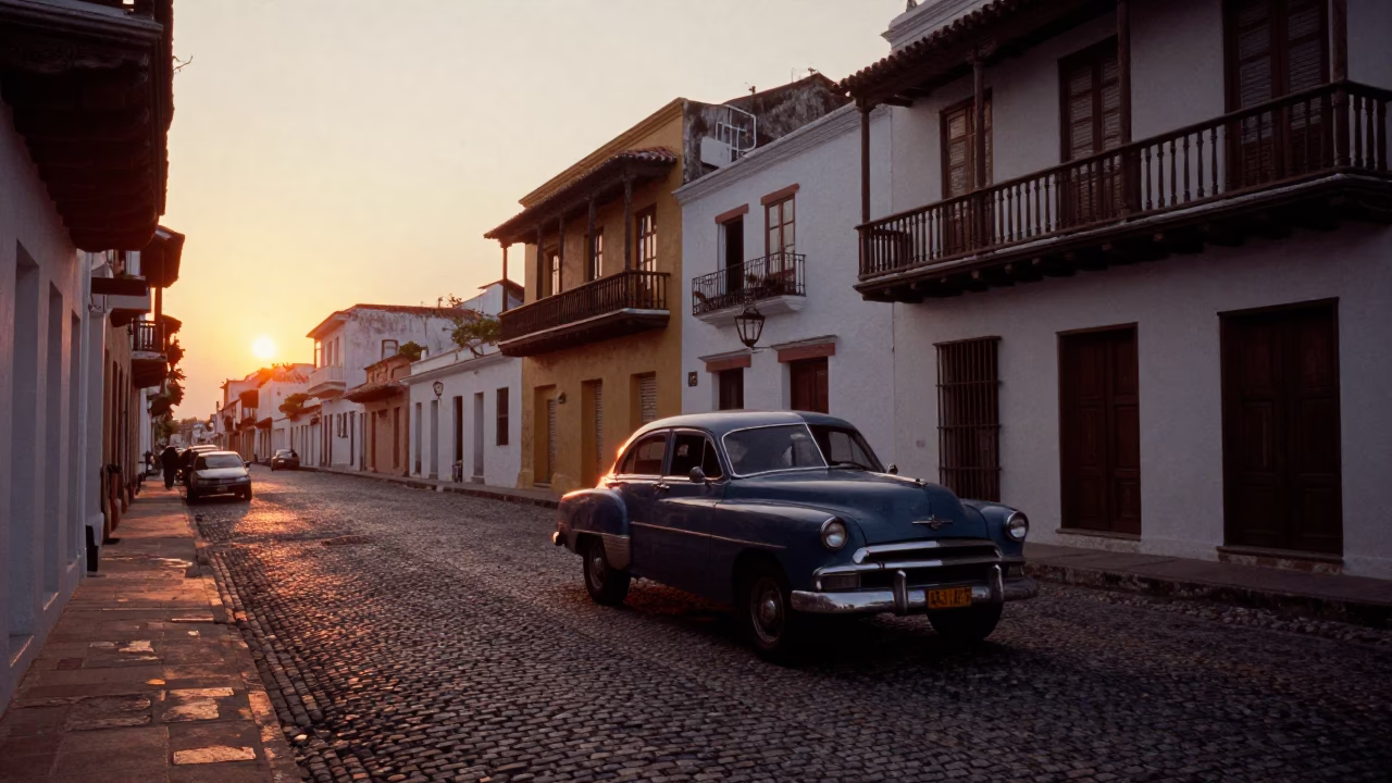 Cartagena Colombia Sunset Street Scene with Vintage Car and Coiled Rope in in Cartagena, Colombia