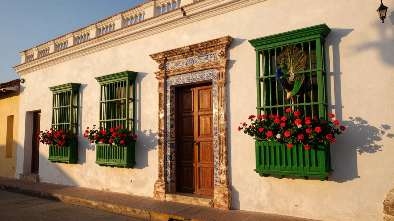 Cartagena Colombia Sunset Street Scene with Window Boxes and Peacock in in Cartagena, Colombia