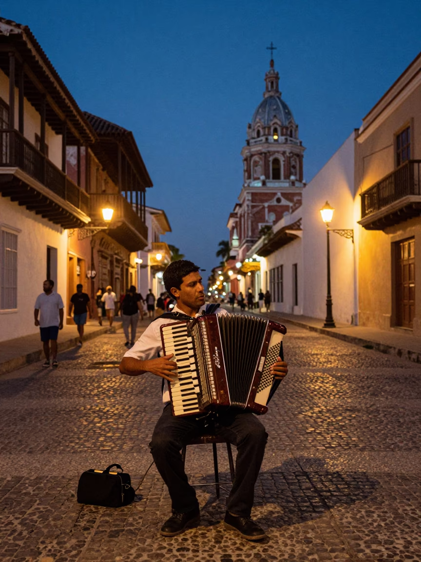 Cartagena Colombia Twilight Street Scene with Accordion Musician and Colonial Architecture in in Cartagena, Colombia