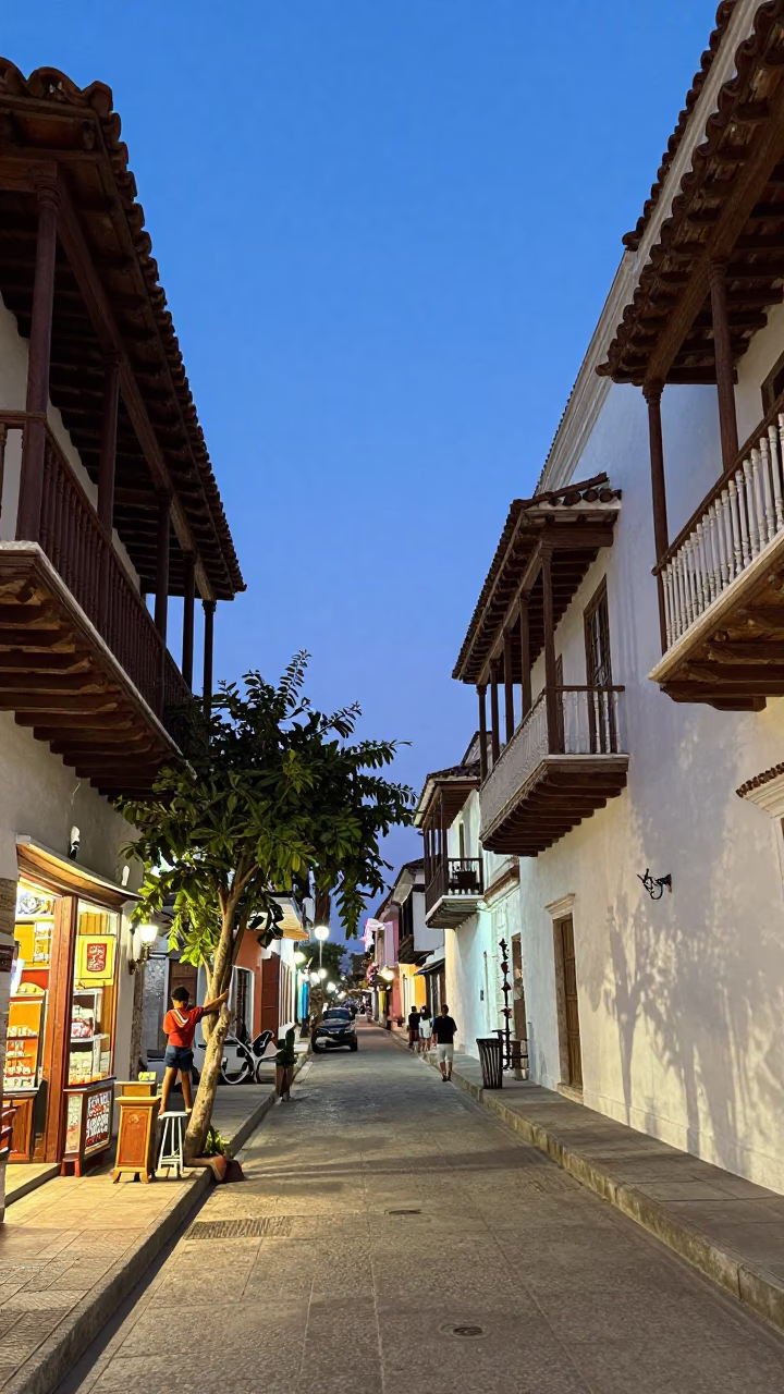 Cartagena Colombia twilight street scene with colonial architecture and local life in in Cartagena, Colombia