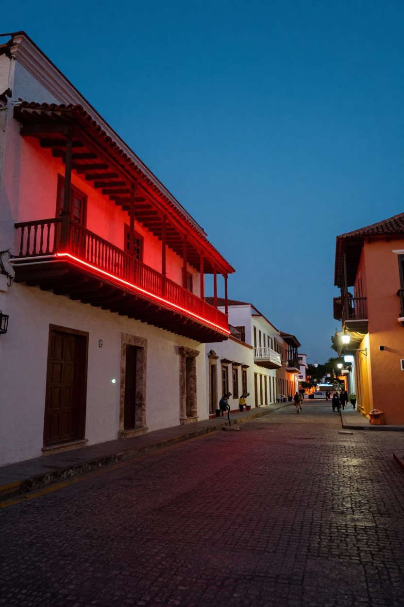Cartagena Colombia Twilight Street Scene with Colonial Balconies and Neon Night-Light in in Cartagena, Colombia