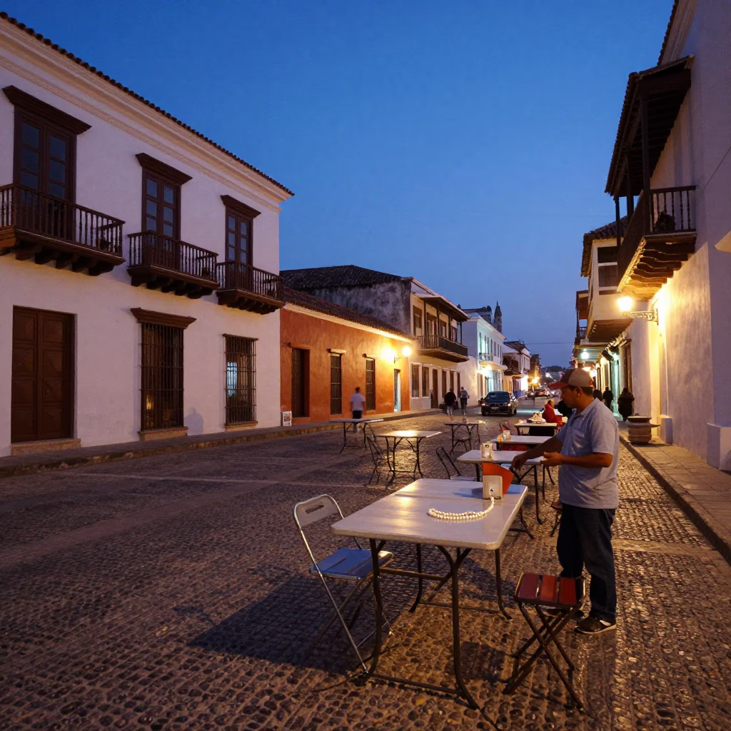 Cartagena Colombia Twilight Street Scene with Folding Tables and Pearl Stringing Artisan in in Cartagena, Colombia