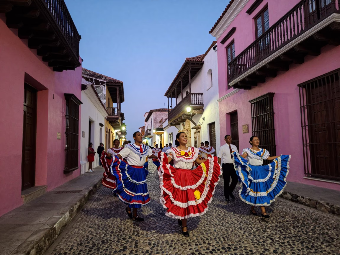 Cartagena Colombia Twilight Street Scene with Folk Dance Performance and Traditional Costumes in in Cartagena, Colombia