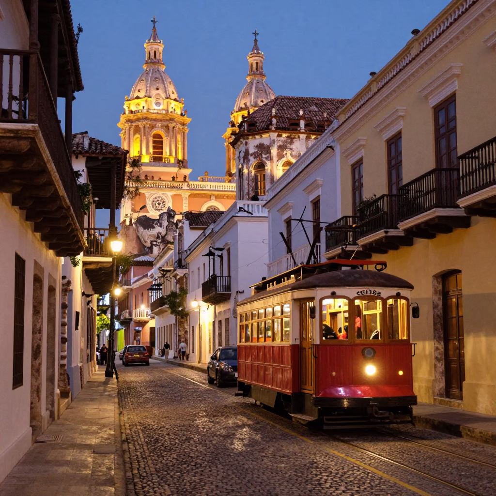 Cartagena Colombia Twilight Street Scene With Heritage Tram And Cobblestone Avenue in in Cartagena, Colombia