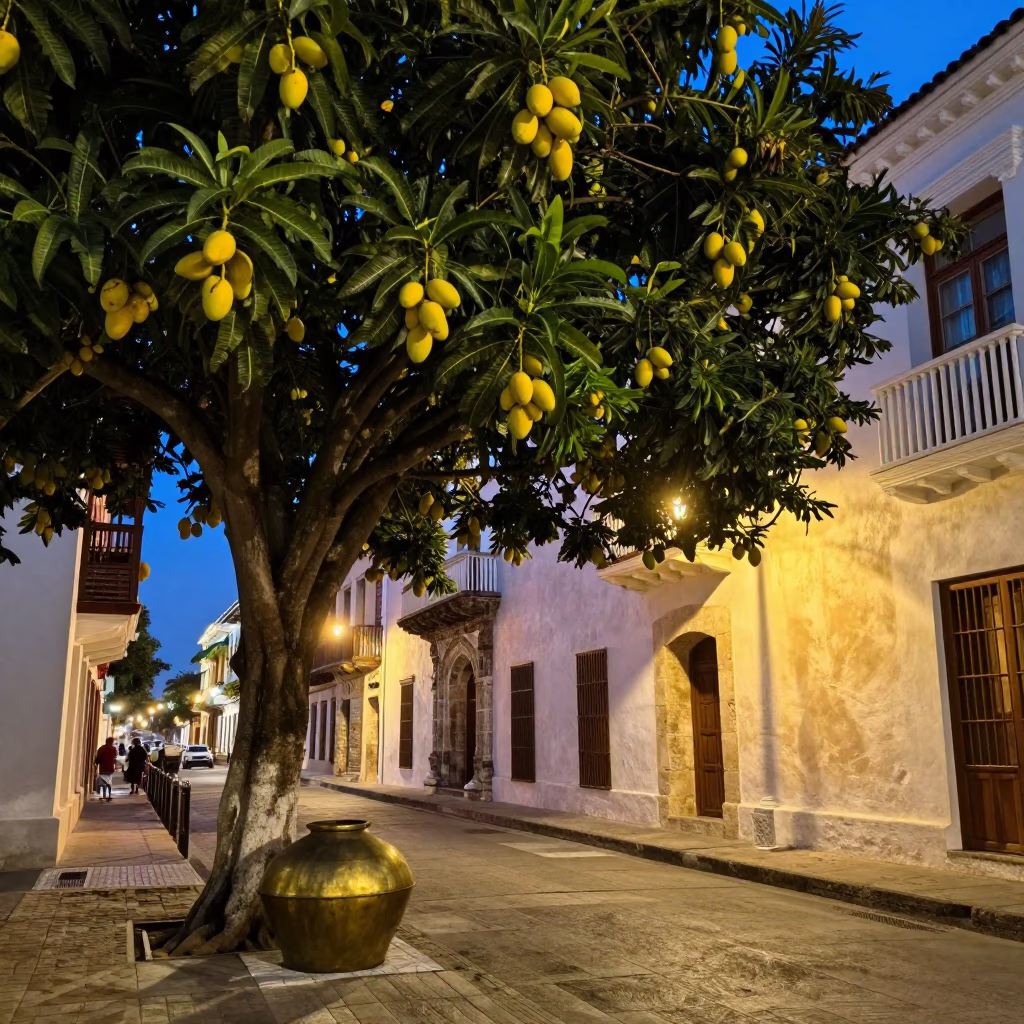 Cartagena Colombia Twilight Street Scene with Mango Tree and Brass Hardware in in Cartagena, Colombia