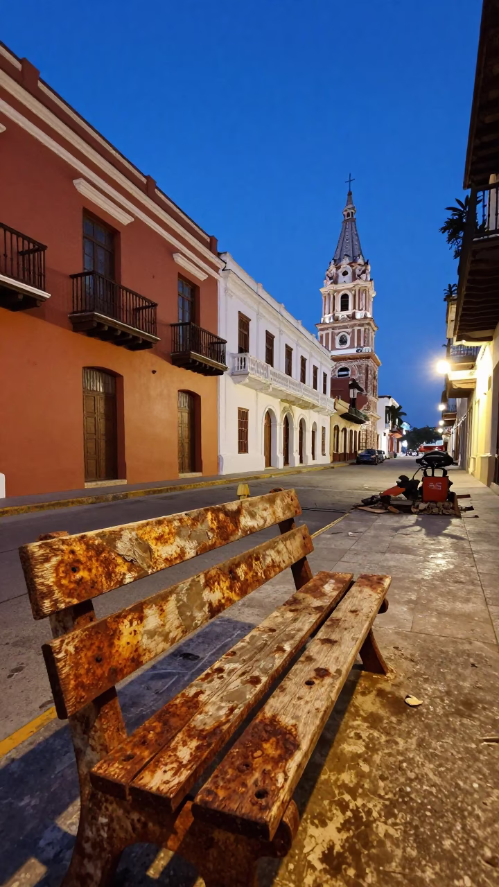 Cartagena Colombia Twilight Street Scene With Rusty Bench And Construction Elevator Gate in in Cartagena, Colombia