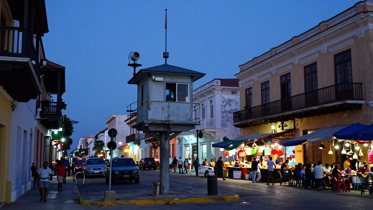 Cartagena Colombia Twilight Street Scene with Weather Station and Local Life in in Cartagena, Colombia