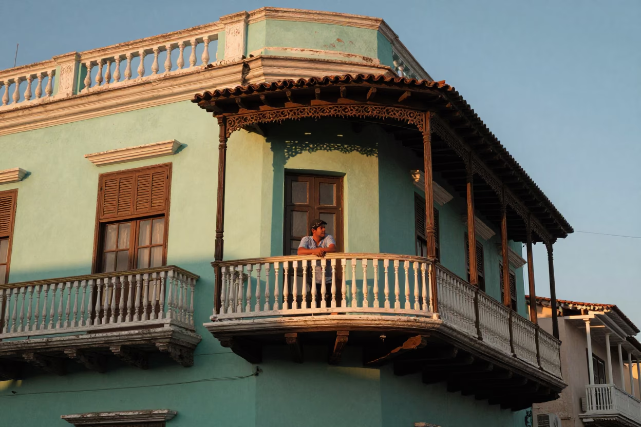 Cartagena Colonial Balcony at Honeyed Evening Light in in Cartagena, Colombia