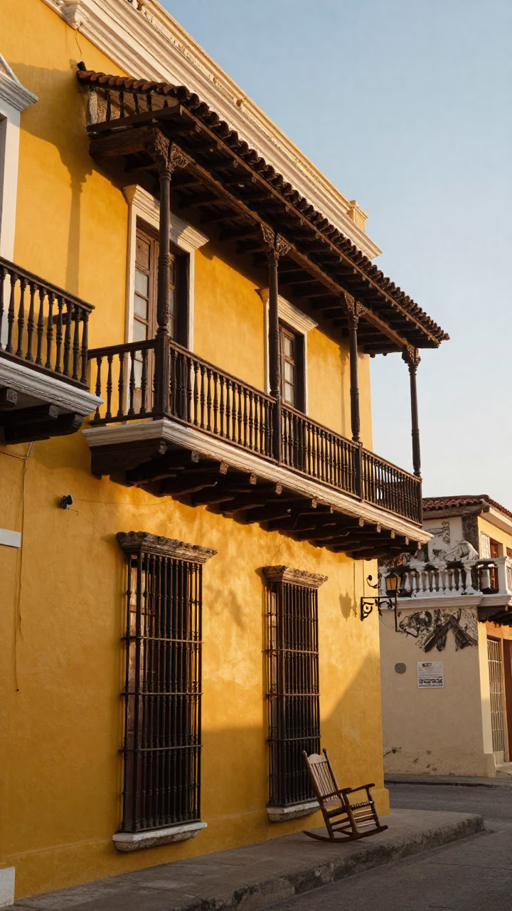 Cartagena Colonial Balcony at Sunset Light in in Cartagena, Colombia